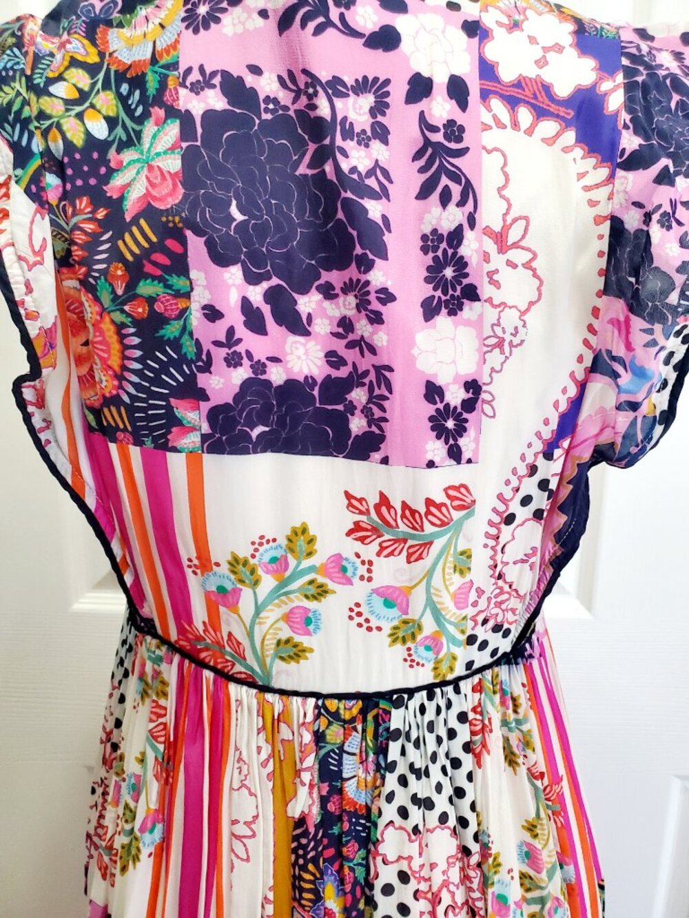 Anthropologie Patchwork Midi Dress Size 8 Boho Floral Stripe V Neck Tiered Color - Picture 8 of 14